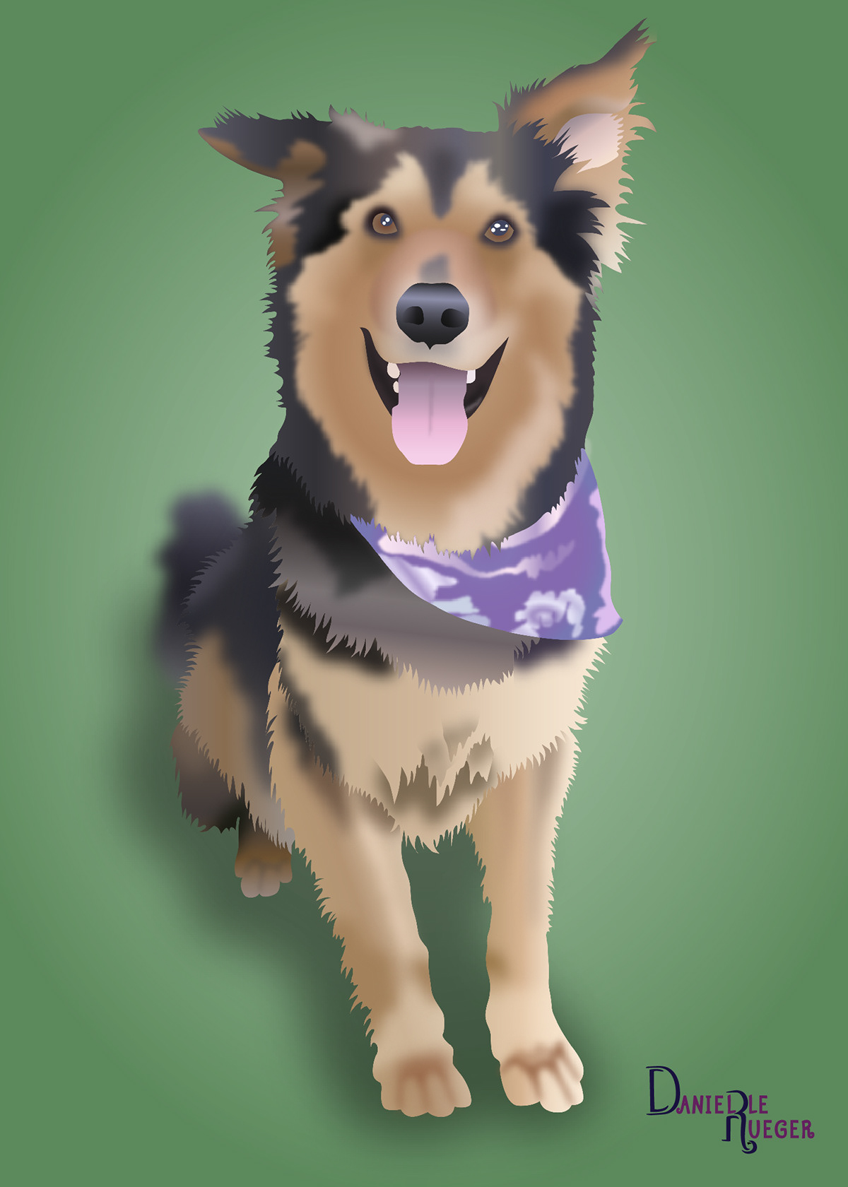 Pet Portrait: Brown and Black dog wearing purple bandana