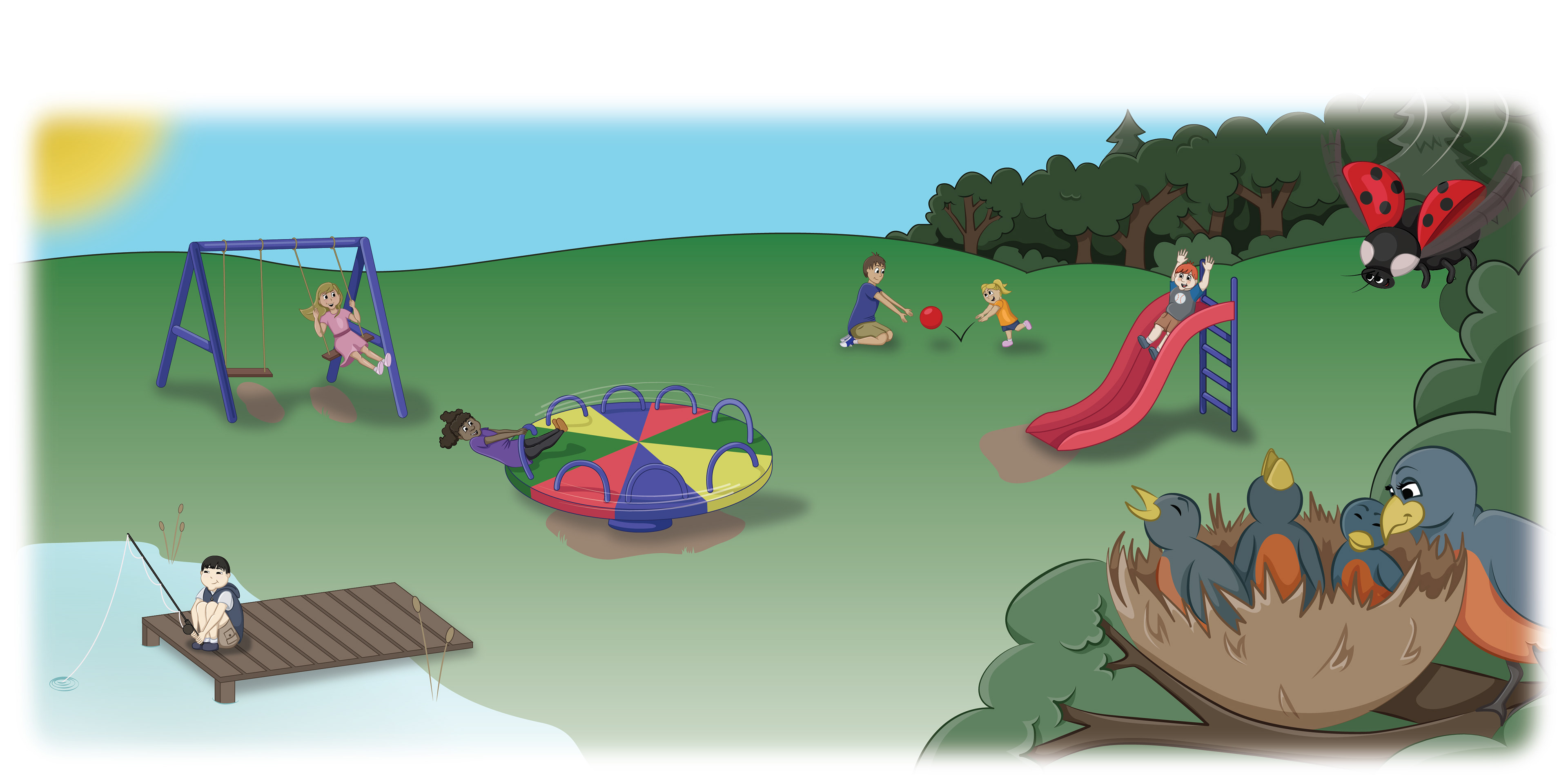 Children on a playground on a sunny day.  Birds singing.