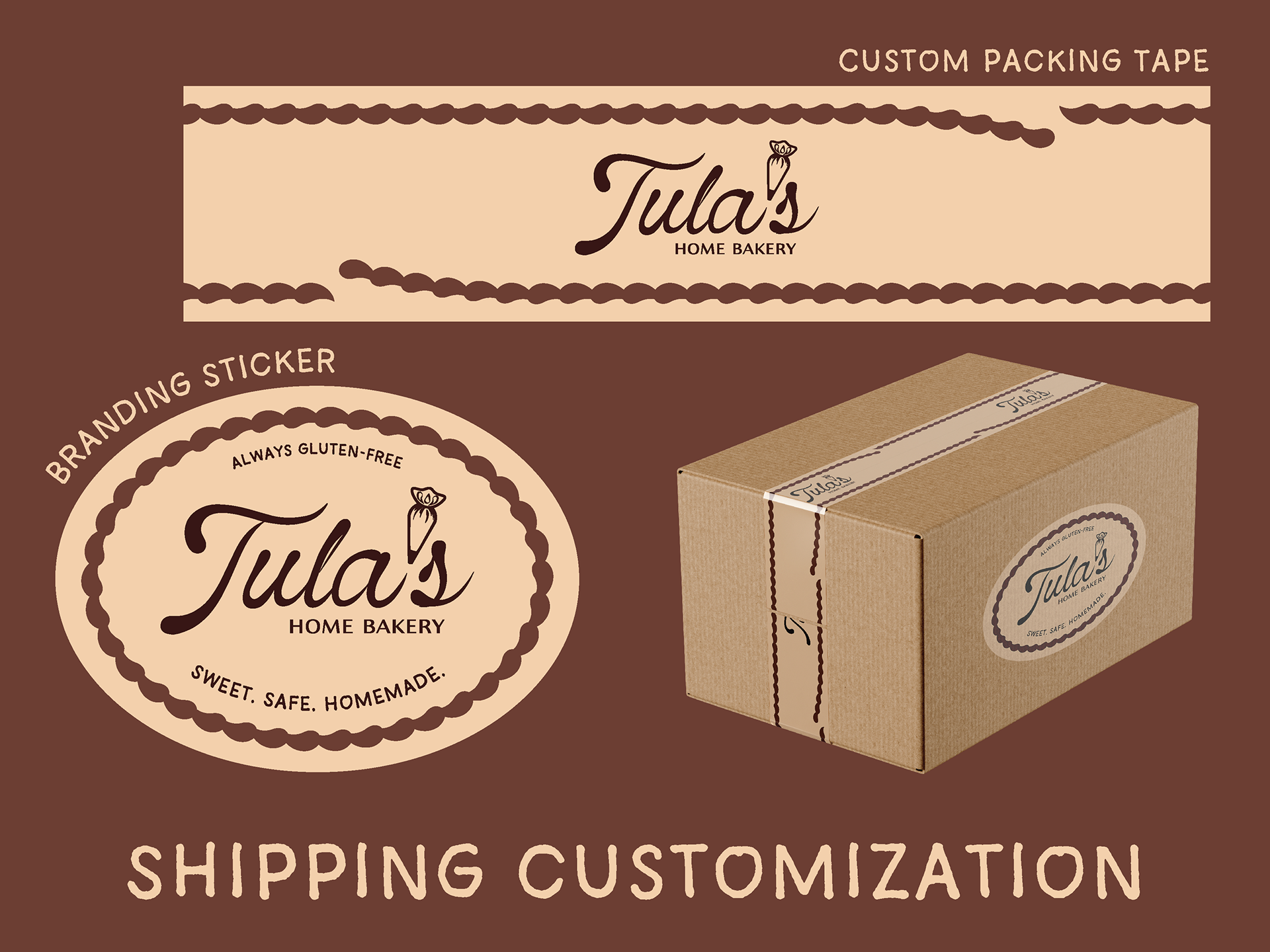 Packing tape and branding sticker for a unique touch on shipped packages.
