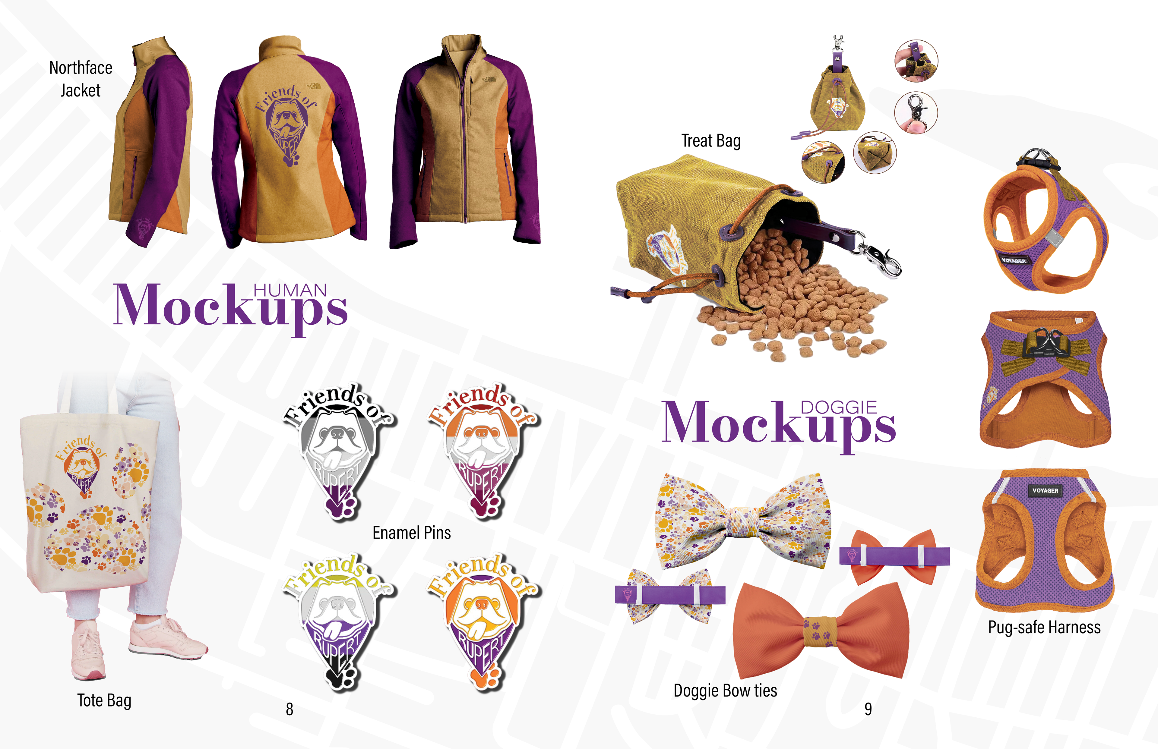 Mock up, separated by human and doggie. They each have a storage container, a outerwear item, and an ornamental object. All of these were created in Photoshop.