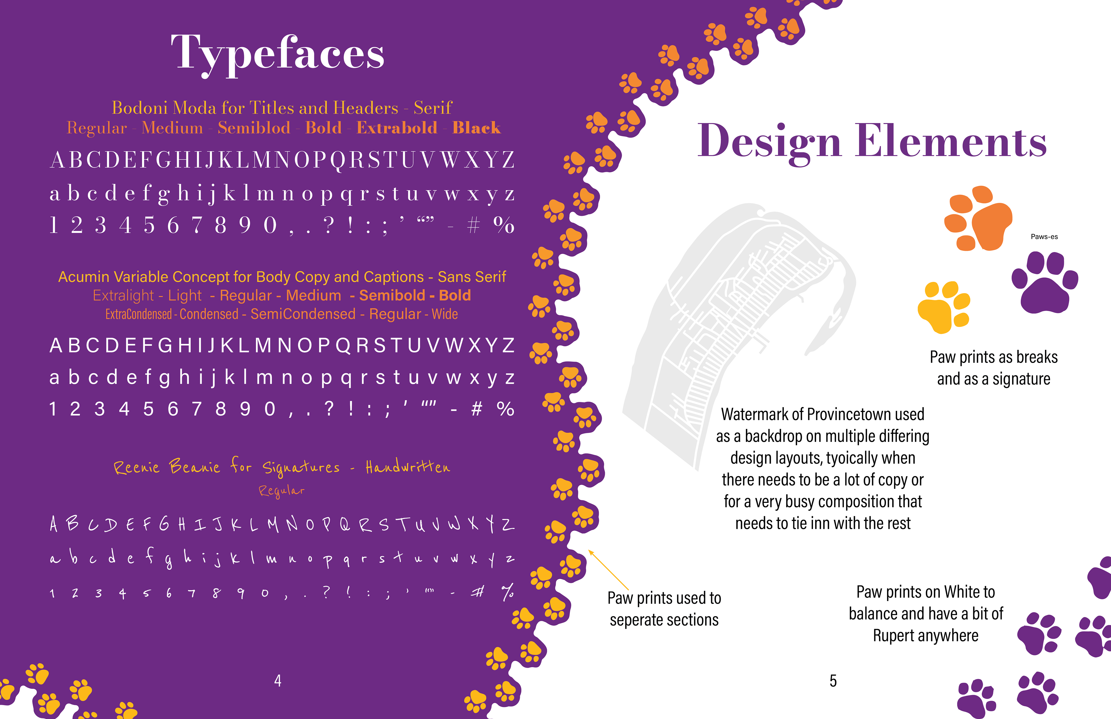 Description of design elements, as well as typefaces and purposes.