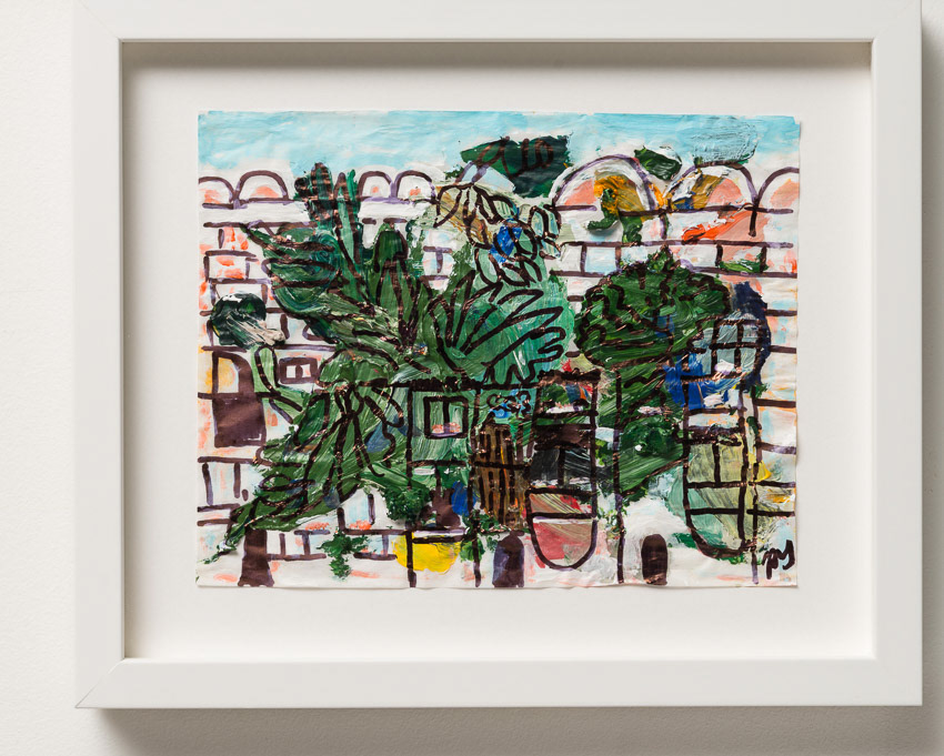 Barbican Residents' Garden, Summer Acrylic and ink on recycled palette paper 32.4 x 37.2 x 4 (anti-reflective glass)