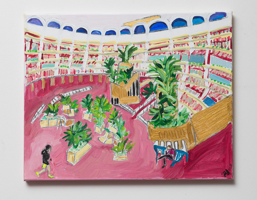 Lunch hour in the Sculpture Court, Barbican Acrylic and charcoal on canvas 45 x 51 x 3