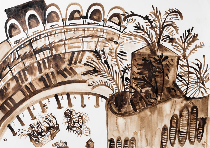 Frobisher Crescent on a Windy Day Walnut ink 50 x 70 on Fabriano