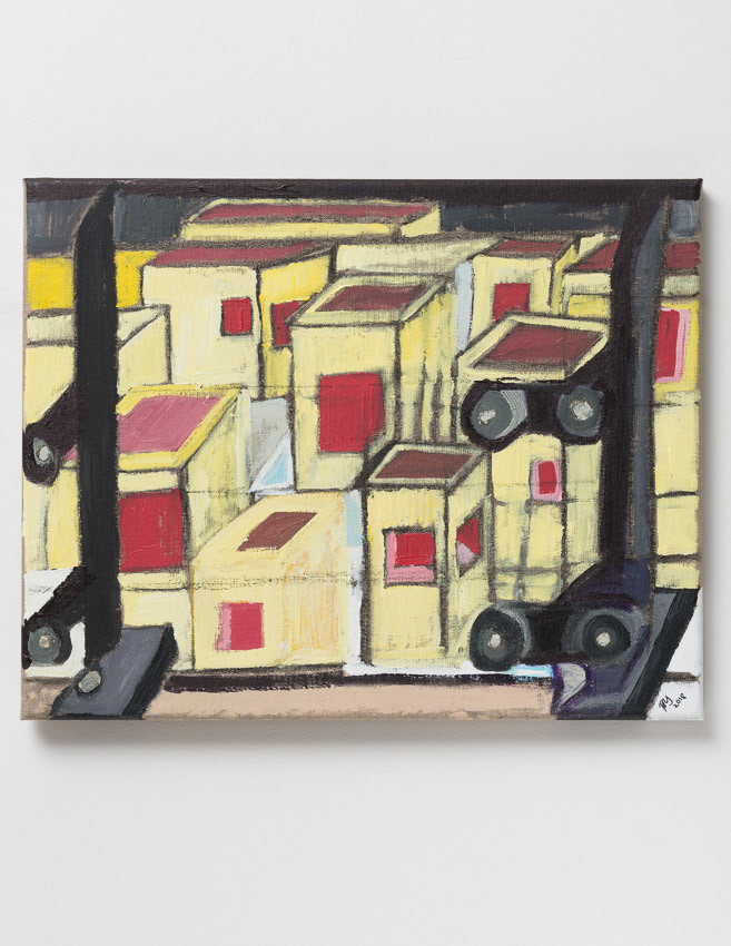 Looking through (view from my desk through the glass window onto the Barbican Centre Roof) Acrylic and charcoal on canvas 39.5 x 50 x 2