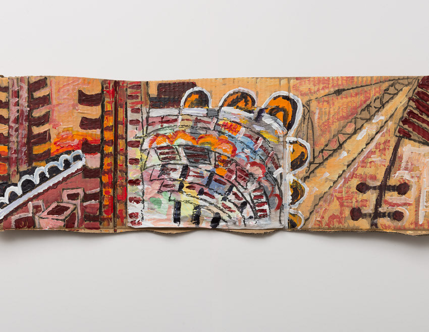 Sunset over the Barbican Acrylic, charcoal, Recycled reversed palette paper, recycled cardboard packaging 25 x 73 x 0.5