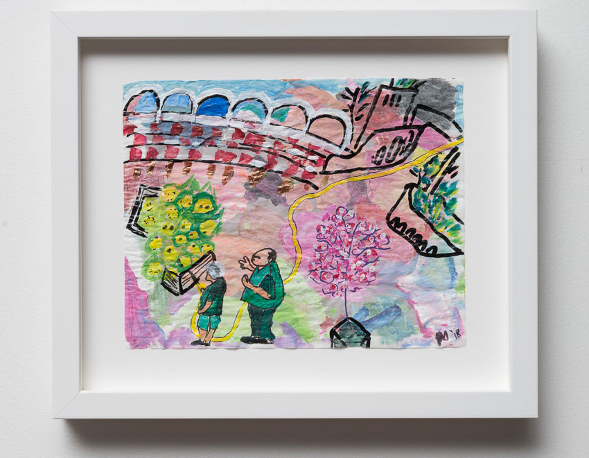 Spring in the Sculpture Court Acrylic and ink on recycled, reversed palette paper 32.4 x 37 x 4 (double framed so the reverse can be viewed, anti-reflective glass)