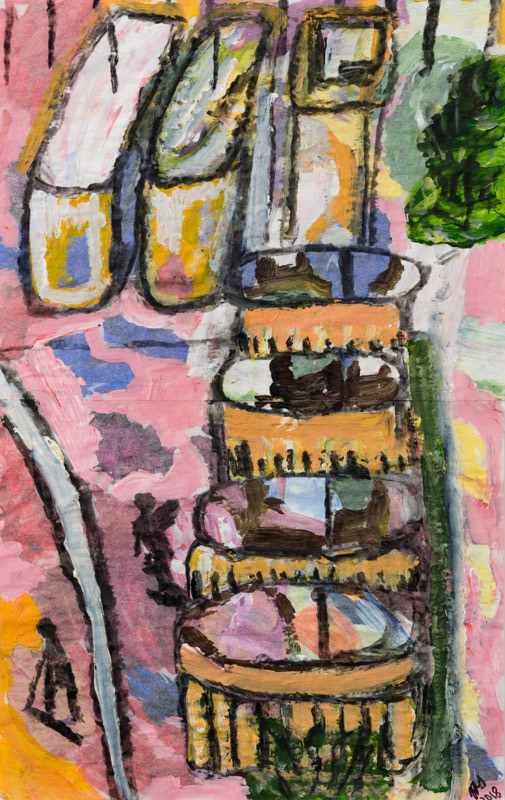 Scooter on the Podium, Barbican Acrylic and charcoal on reversed, recycled palette paper 53 x 38 x 4 (double framed so reverse can be seen with anti-reflective glass)