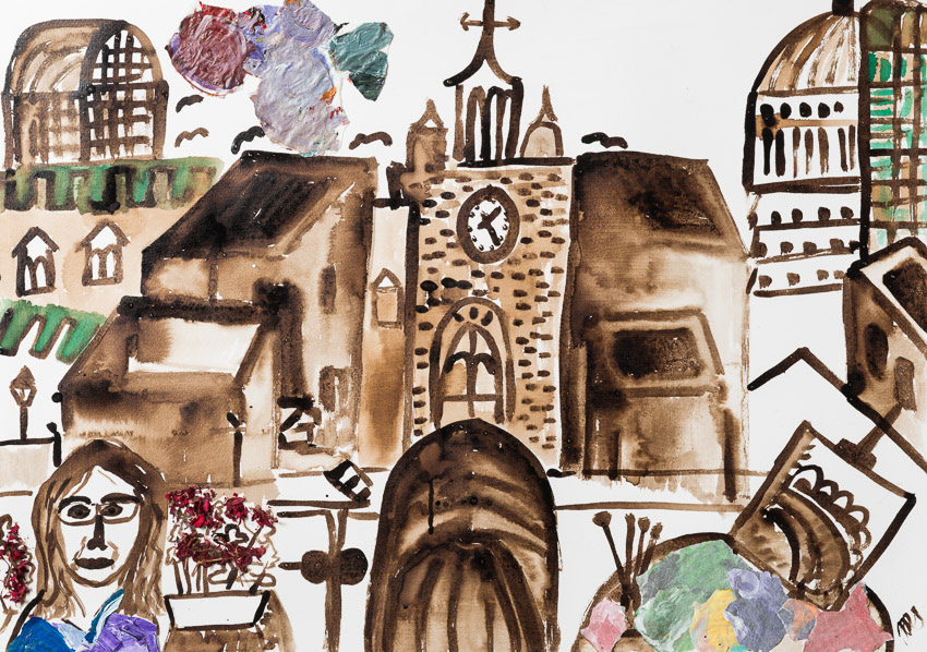 Balcony view over the Barbican Centre roof towards St Giles, St Paul's and the City Walnut, watercolour, recycled palette papers with acrylic on Fabriano 50 x 70