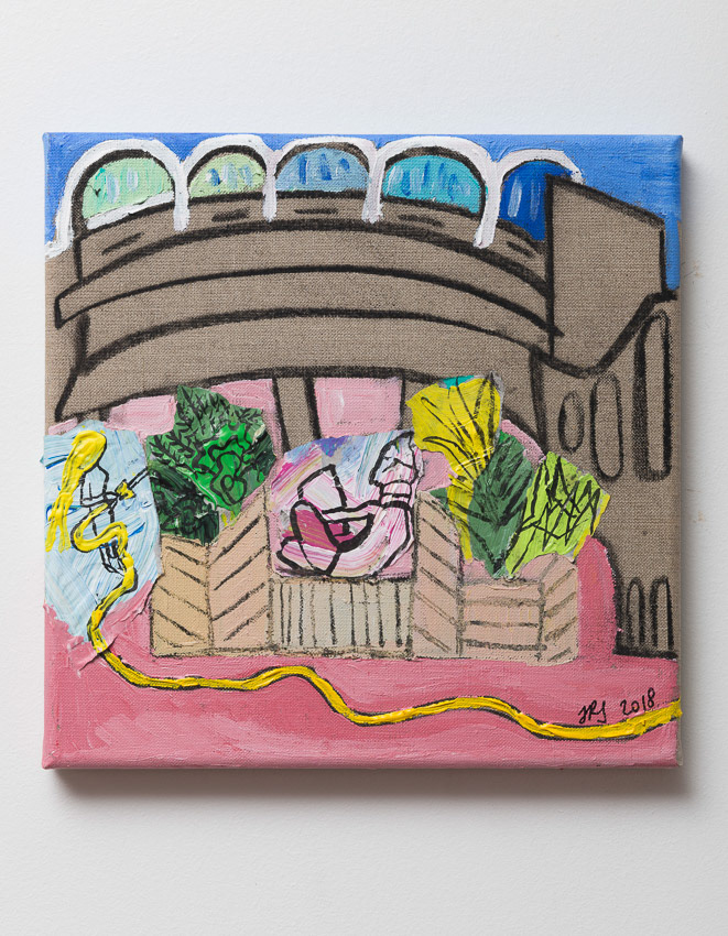 The Yellow Hose: The Sunbather in the Sculpture Court (and the Blonde Gardener) Recycled palette papers, acrylic, ink and charcoal on linen canvas 30 x 30 x 3