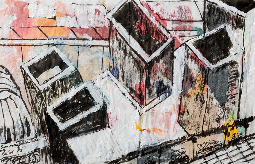 Snow on the Barbican Centre Roof Acrylic on reversed, recycled palette paper with black ink 39 x 53 x 4 Double framed with anti-reflective glass so the reverse is visible