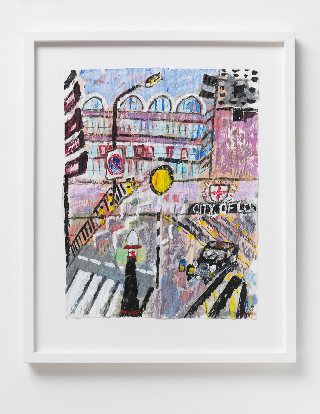 Crossing the Road to the Barbican Acrylic and charcoal on recycled, reversed palette paper 66 x 54 x 3 (double-framed so the reverse can be viewed; anti-reflective glass on front