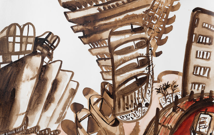 Nightmare in the Barbican Walnut ink on Fabriano 50 x 70