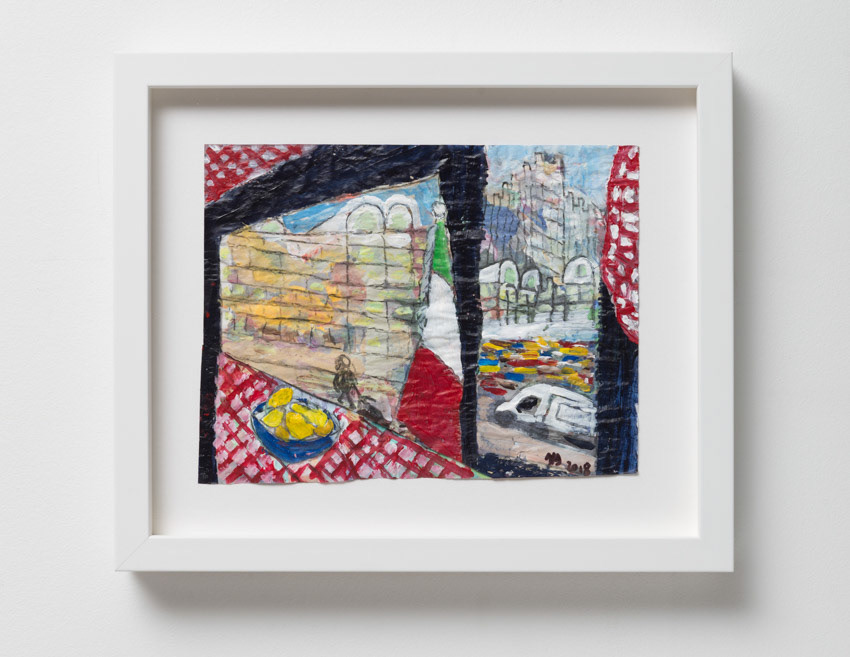 View of the Barbican (towards Silk Street) from Baracca in Whitecross St Acrylic and charcoal on reversed, recycled palette paper 32.4 x 37.2 x 4 (double framed, anti-reflective glass)