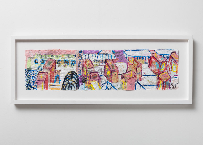 Barbican Centre Roof Panorama and St Giles Acrylic on reversed recycled palette papers 32.8 x 87.3 x 4 (double-framed so reverse can be seen with anti-reflective glass)
