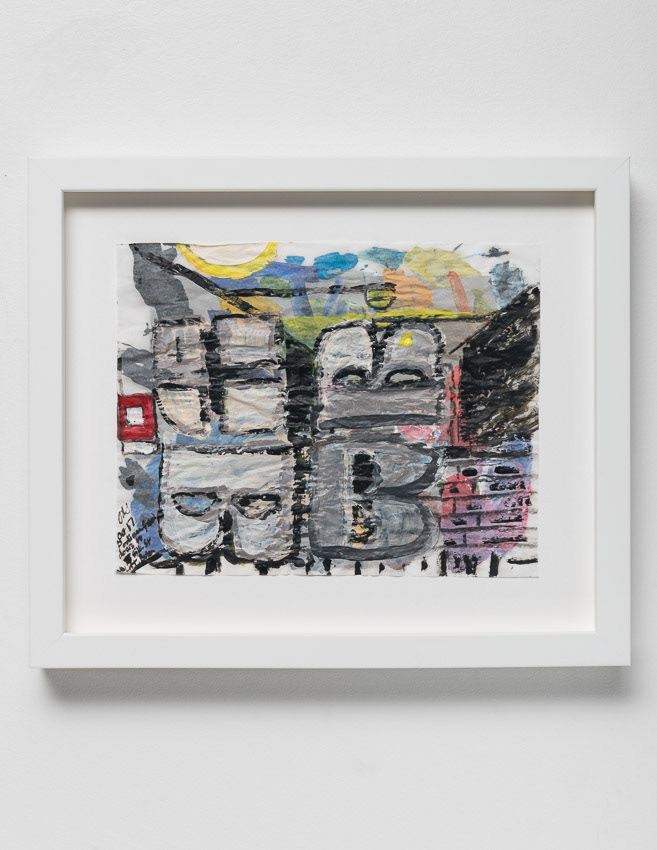 Barbican Logo through Glass doors, Podium Entrance to the Silk Street lift Acrylic and charcoal on reversed, recycled palette paper (double framed with anti-reflective glass so the reverse is visible) 32 x 37 x 4