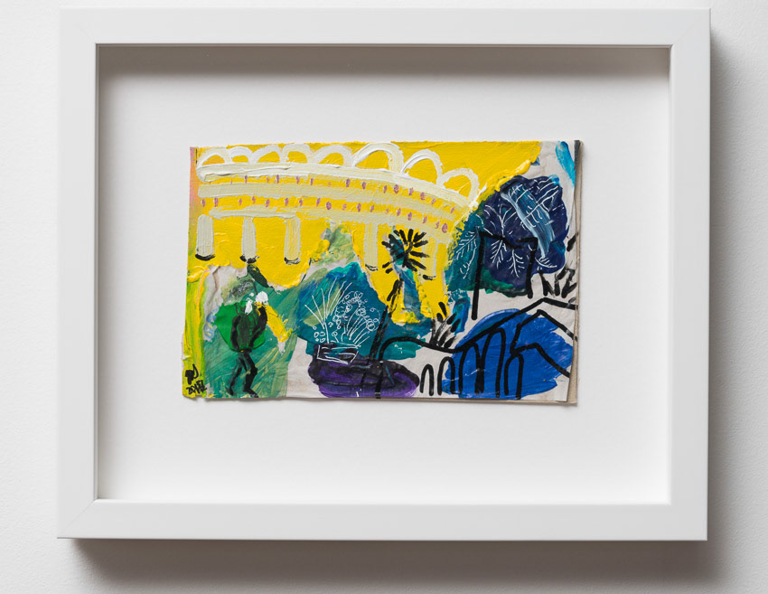 Sun in the Sculpture Court Acrylic, ink on recycled cardboard 28 x 34 x 4 (framed with anti-reflective glass)