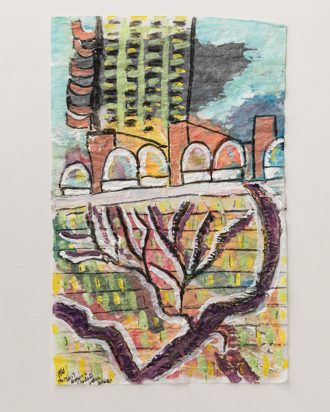 Barbican Residents' Gardens, Autumn Acrylic and charcoal on reversed, recycled palette paper 52.5 x 38 x 4 (double framed so the reverse can be viewed, anti-reflective glass)