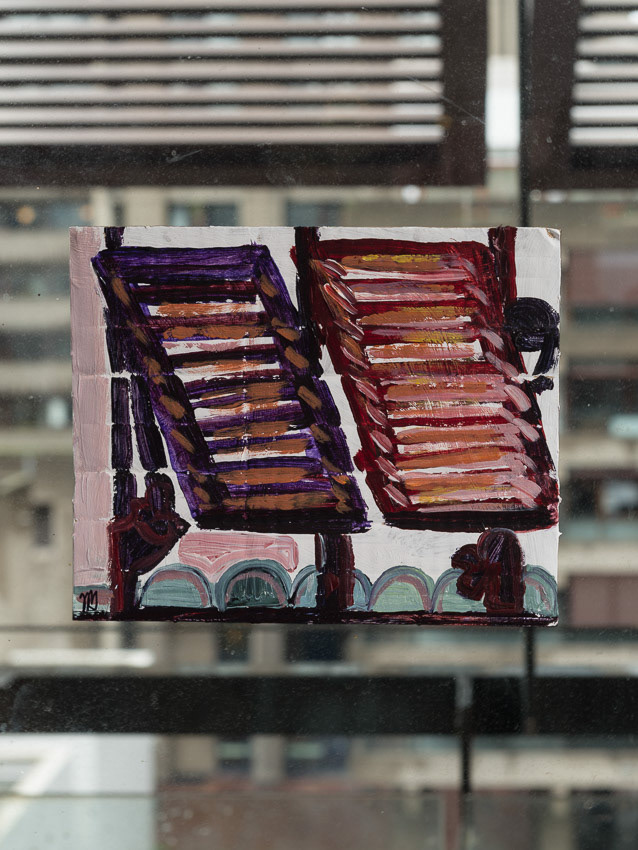 Through my Studio Shutters Acrylic on recycled Dyson cardboard packaging 16 x 20 x 0.5