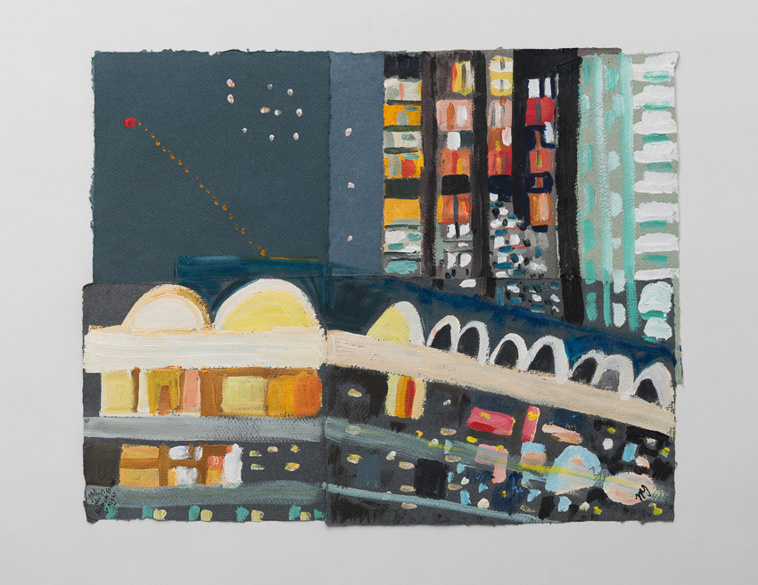 Night Life over Defoe with Crane Acrylic on recycled cotton Indian papers 43 x 54 x 0.5