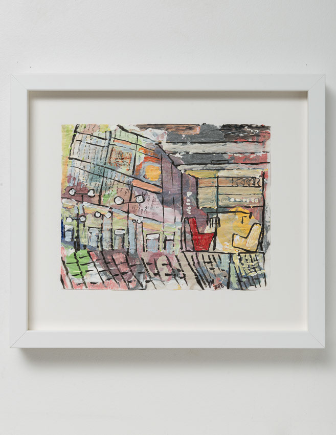 The Architect's Chair, Podium at night, Barbican Acrylic and ink on reversed, recycled palette paper (double framed with anti-reflective glass so the reverse is visible) 32 x 37 x 4