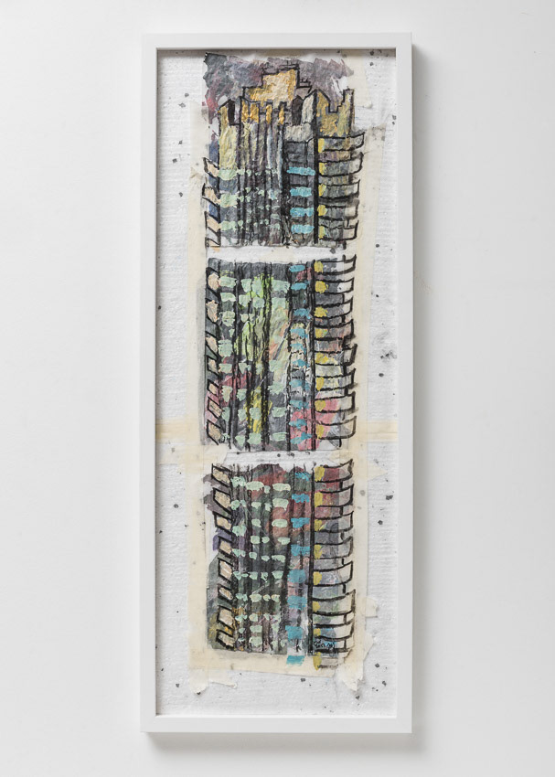 Lauderdale Tower Acrylic, charcoal and masking tape on recycled palette paper and polystyrene 89 x 35 x 4 (framed with anti-reflective glass)