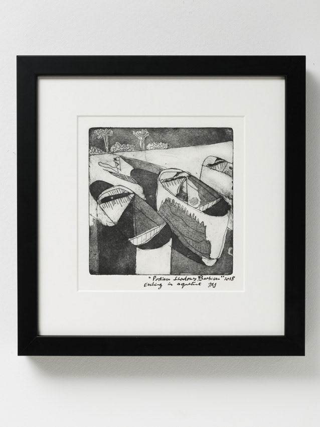 Podium Shadows, Barbican Etching in Aquatint 29 x 28 x 4 (two available framed with anti-reflective glass, available unframed)
