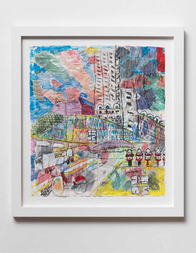 Welcome to the Barbican: Silk Street Speak! Acrylic and charcoal on recycled, reversed palette paper 55.8 x 53 x 3 (double-framed so the reverse can be viewed; anti-reflective glass on front