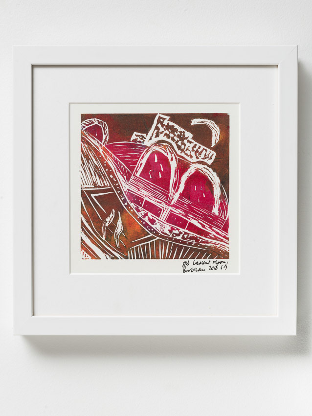 Crescent Moon Over the Barbican Lino cut/ mono print 25 x 25 x 4