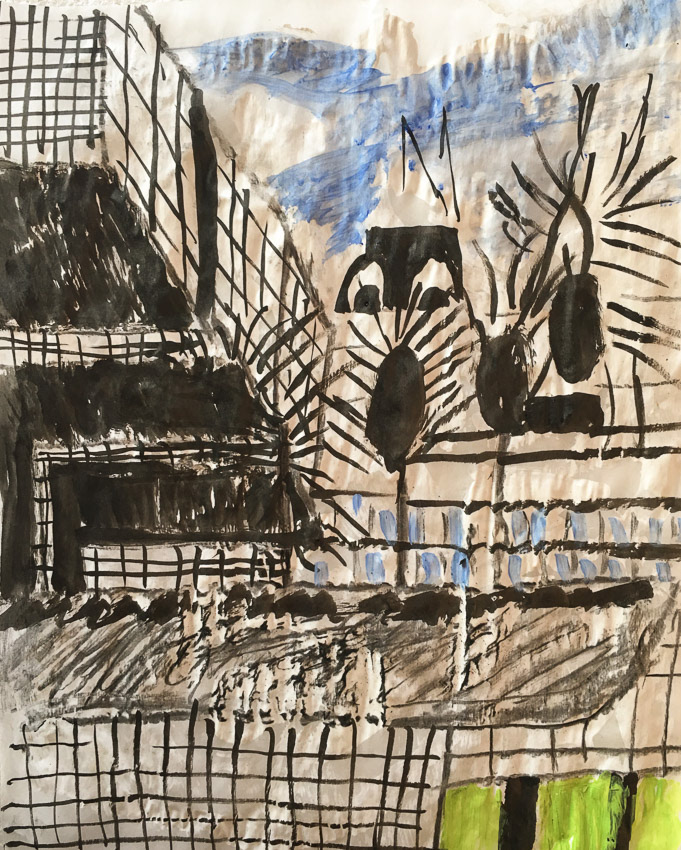 The Palm Tree Balcony Acrylic and ink on reversed, recycled palette paper 35 x 32 x 4