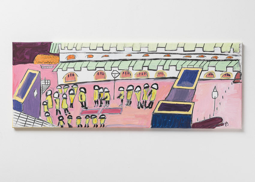 Builders' Meeting, Monday Morning (St Giles Terrace) Acrylic and charcoal on canvas 30 x 80 x 3