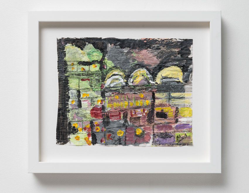 Frobisher Crescent and Shakespeare Tower from my Bed Acrylic on Reversed Recycled Palette Paper with CharcoalĀ (double framed with anti-reflective glass so the reverse is visible) 30 x 35 x 4