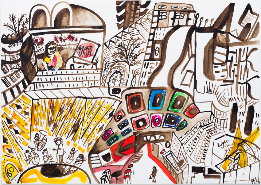 Cross section of the Barbican Centre featuring LSO in rehearsal (left); RSC rehearsal (right), artist's studio above the Centre top left, Barbican Estate Walnut, watercolour and recycled palette papers with dried geraniums on Fabriano 50 x 70