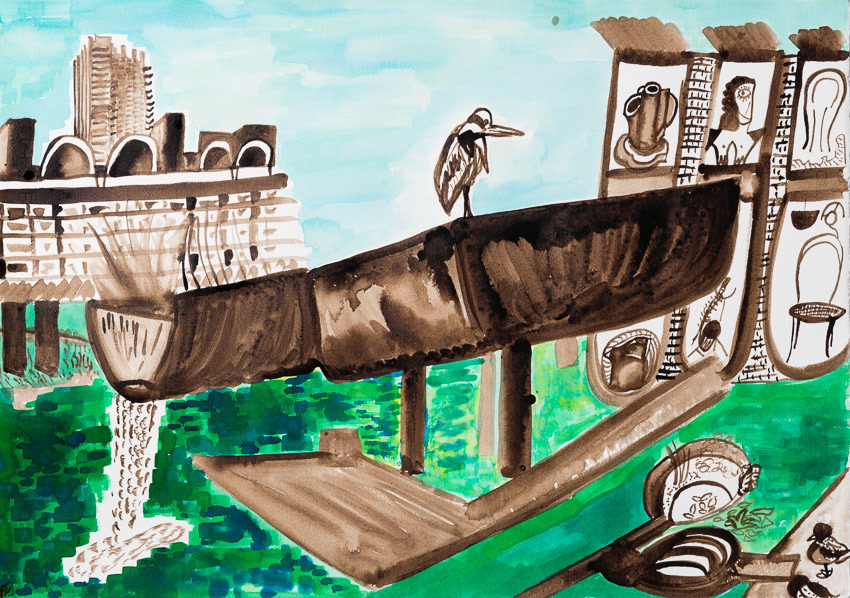 Bird's Eye View of the Barbican Walnut and watercolour on Fabriano 50 x 70