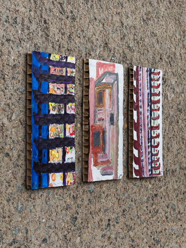 From left: Barbican Tower Block At Night; Centre: The Colour of Concrete (Barbican Roof Air-Vent); Right: Barbican Tower Block Acrylic on recycled Dyson cardboard packaging 25 x 13 x 2 (each)