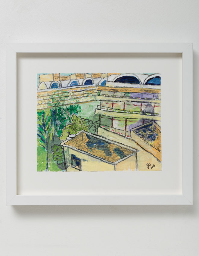 Pigeon's Peruse the Residents' Gardens (from the Barbican Centre Roof) Acrylic and charcoal on recycled, reversed palette paper 32.4 x 37 x 4 (double framed so the reverse can be viewed, anti-reflective glass)
