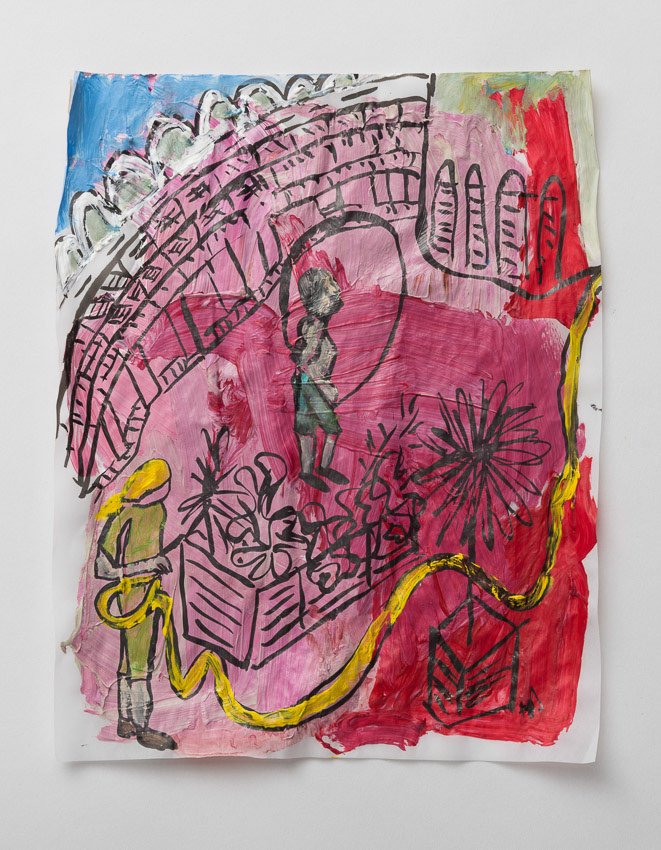 The Yellow Hose: Skipping in the Sculpture Court Ink and acrylic on recycled palette paper 37.2 x 32.4 x 4 (framed with anti-reflective glass)