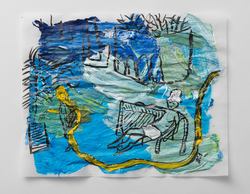 The Yellow Hose: Sunbather in the Sculpture Court Ink and Acrylic on recycled palette paper 32.4 x 37.2 x 4 (framed with anti-reflective glass)