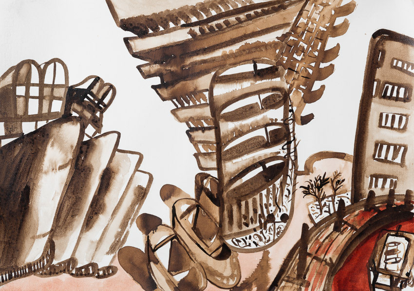 Nightmare in the Barbican Walnut ink on Fabriano 50 x 70
