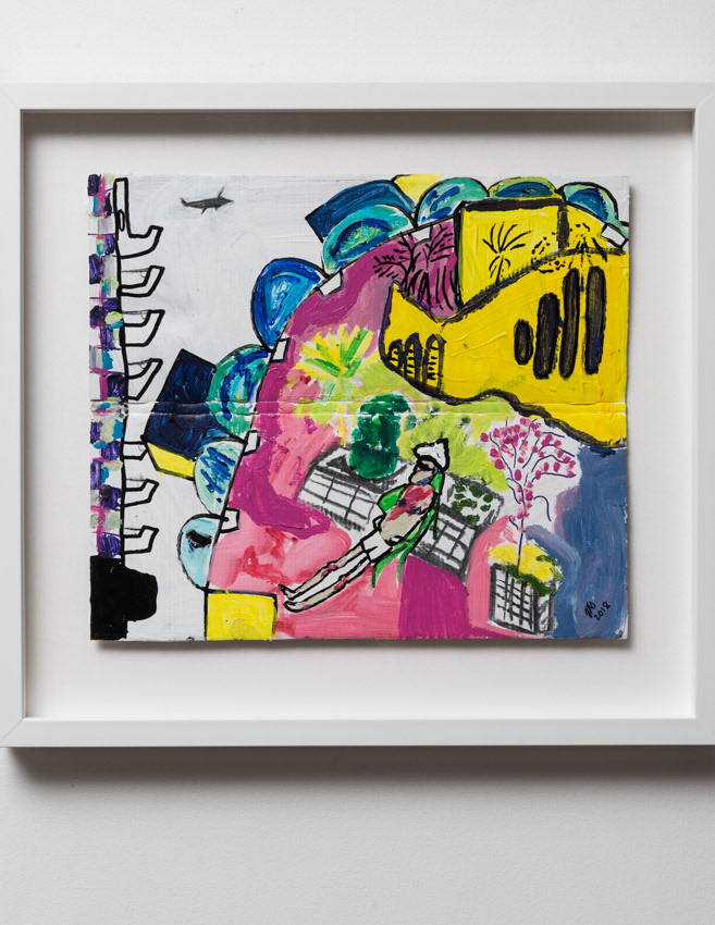 Looking up at Brutalism, Sunbather in the Sculpture Court, Barbican Acrylic, ink on cardboard 47 x 52 x 4 (framed with anti-reflective glass)