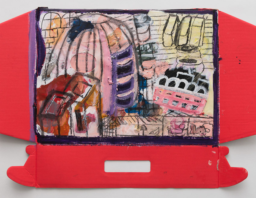 Act 1: Introducing the Barbican Forms Acrylic, charcoal, recycled palette papers on a recycled Hunter Shoe-box lid 42.5 x 63 x 0.5