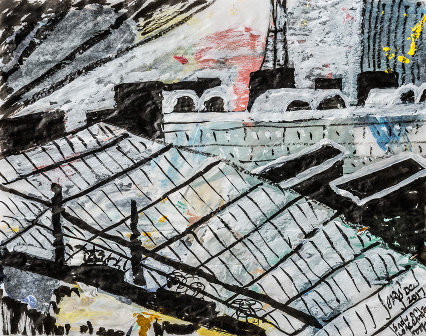 Snow on the Barbican Conservatory Roof Acrylic on reversed, recycled palette paper with black ink 30 x 35 x 4 Double framed with anti-reflective glass so the reverse is visible