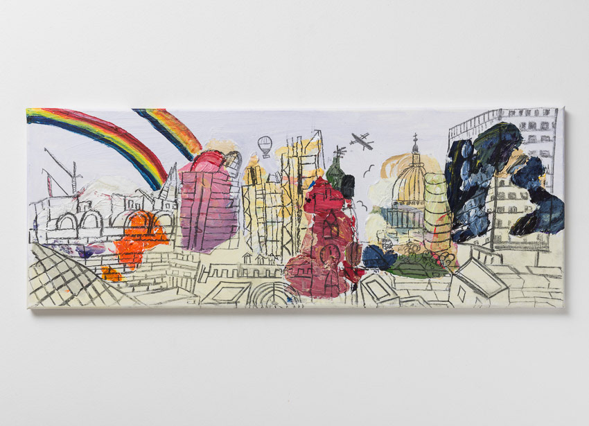 Brexit City Recycled palette papers, acrylic, charcoal on canvas 32.2 x 80 x 4