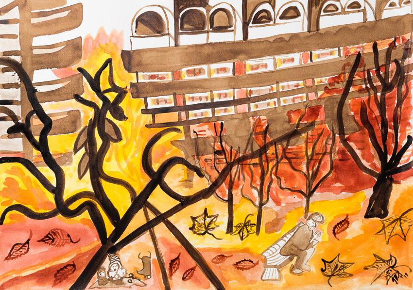 Autumn Thoughts, Barbican Resident's Gardens Walnut on Fabriano 50 x 70