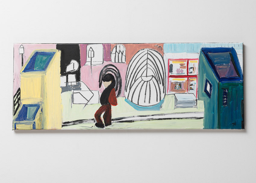 Builder on the Barbican Roof Acrylic and charcoal on canvas 30 x 80 x 3