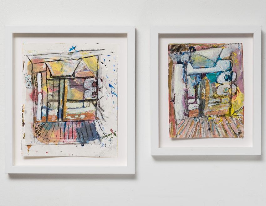 The Entrance to the 8th Floor, Frobisher Crescent Acrylic and charcoal on palette paper on card Two sizes: left 39 x 34 x 4 right 34 x 29 x 4