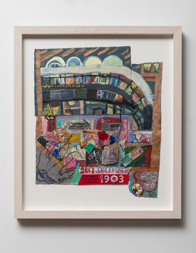 Family Traditions, Frobisher Crescent Studio Acrylic, pastel, recycled, reversed palette papers, recycled indian cotton paper, charcoal, rooibos tea box, dried, recycled rooibos tea bag 60 x 52 x 3
