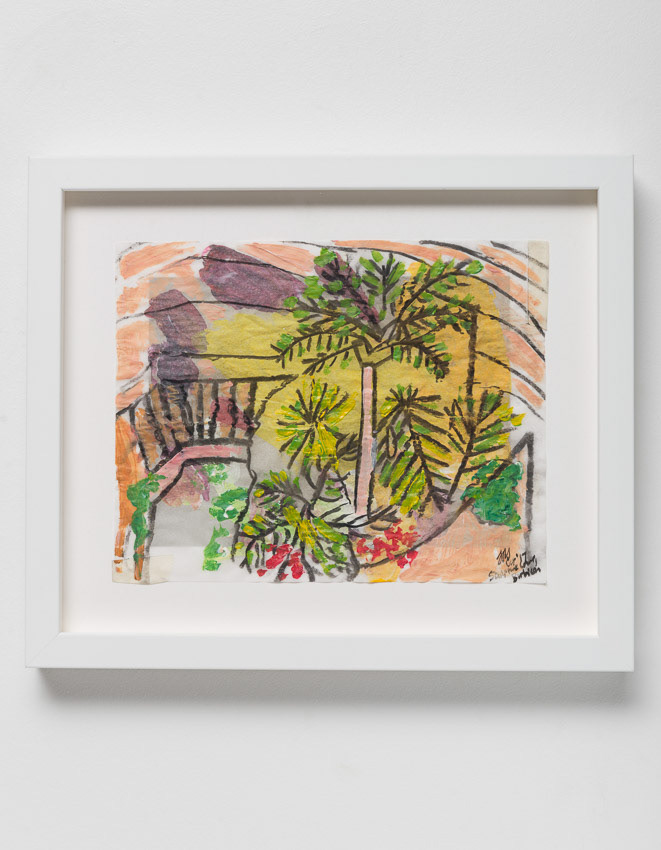 Tropical Sculpture Court, Barbican Acrylic and charcoal on reversed recycled palette paper 32.4 x 37.2 x 4 (double framed so the reverse can be seen with anti-reflective glass)