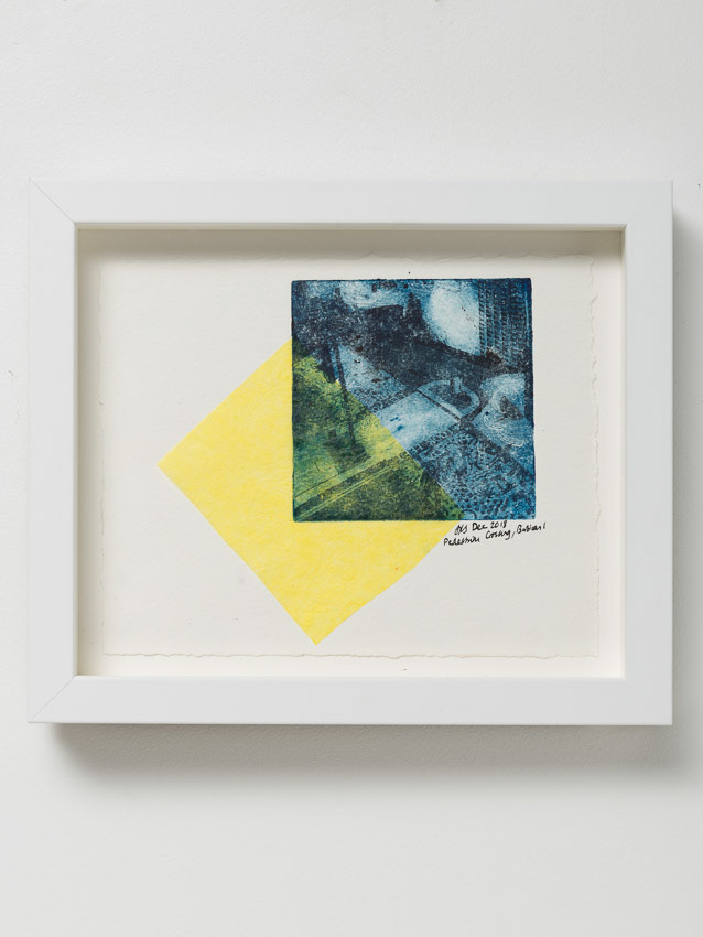 Pedestrian Crossing, Barbican (Bauhaus Yellow) (landscape) Etching with chine-colle, mono print 23.4 x 27.5 x 4 (framed with anti-reflective glass)