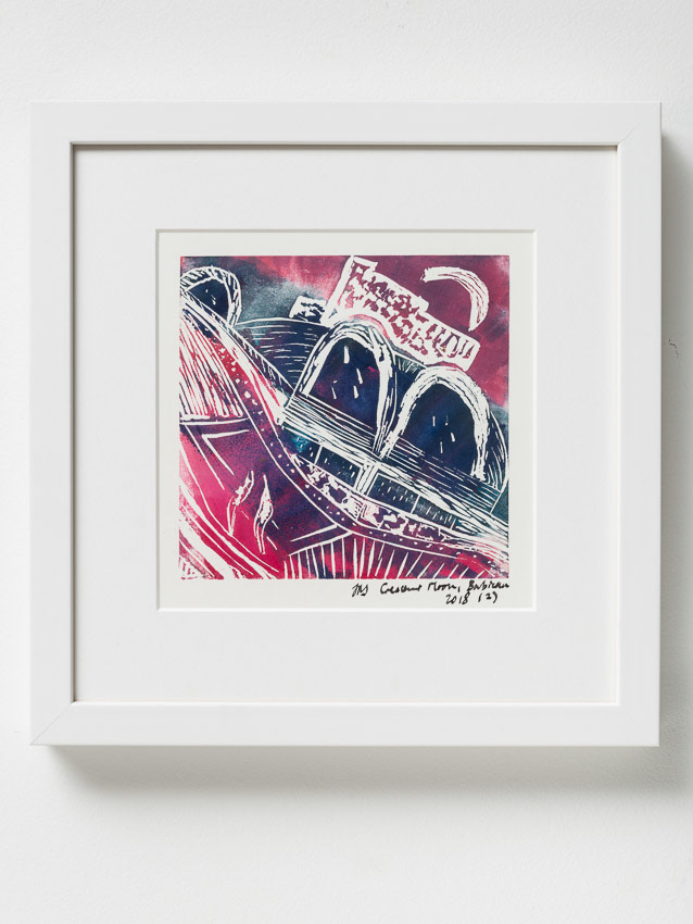 Crescent Moon Over the Barbican Lino cut/ mono print 25 x 25 x 4